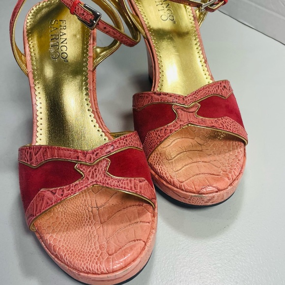 Franco Sarto Red and Pink Faux Snakeskin Ankle Wrap Wedges 8 - Picture 6 of 12